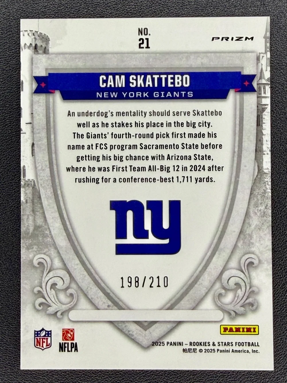 2025 Panini Rookies & Stars Crusade Cam Skattebo #21 BLUE PANDORA RC SSP GIANTS